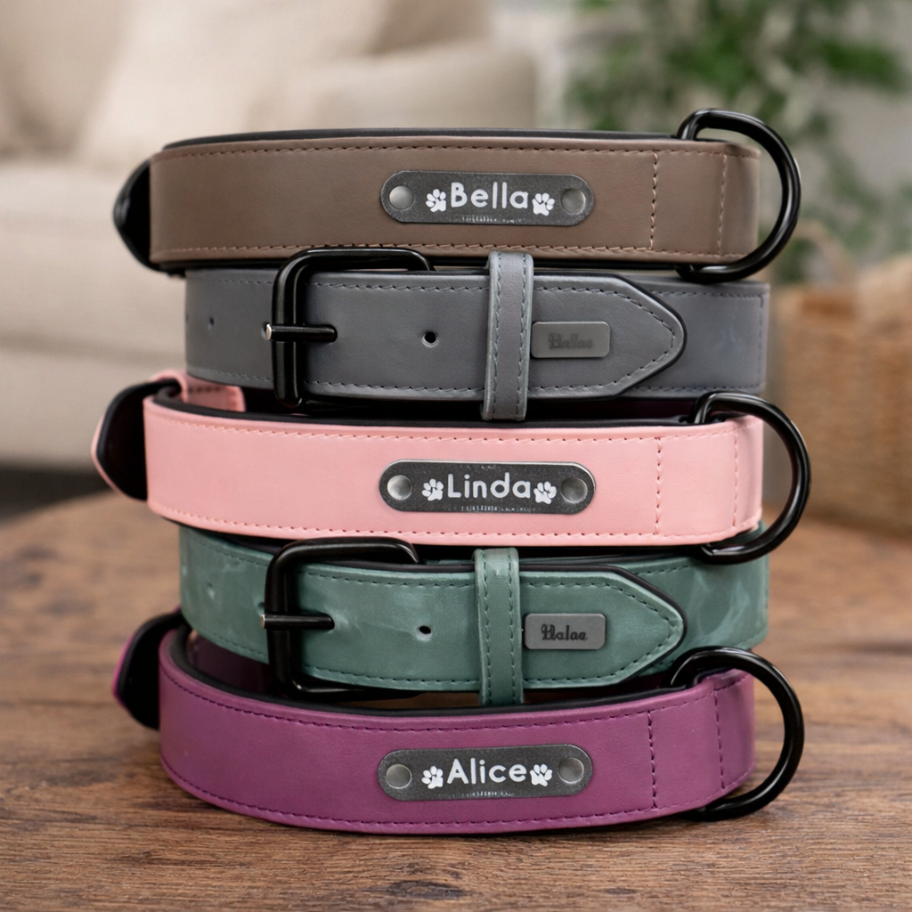 Personalized Dog Collar – Custom Name Dog Collar with ID Tag, Adjustable Leather Dog Collar, Stylish Pet Collar