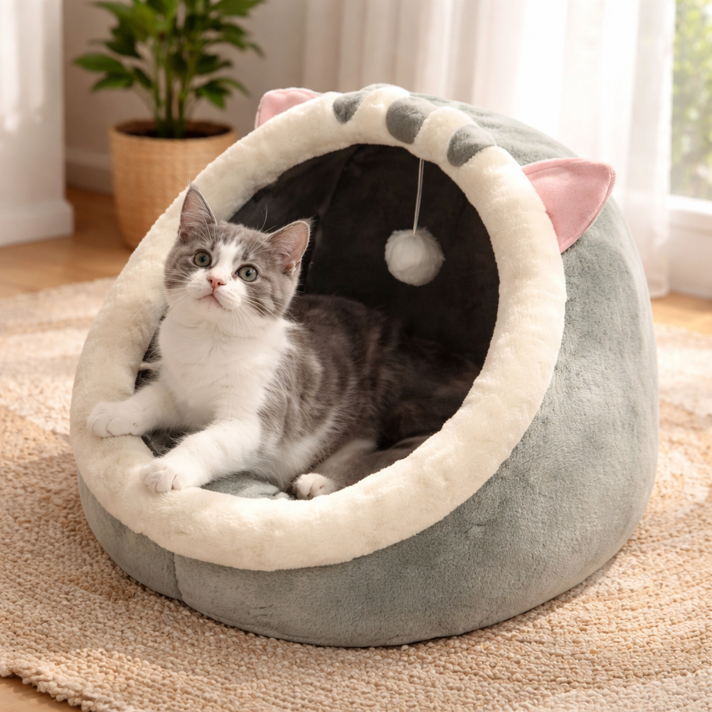 Cozy Cat Cave Bed - Soft Plush Animal Pet House for Cats & Small Dogs - Cute Kitten Nest