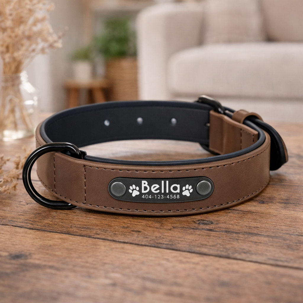 Personalized Dog Collar – Custom Name Dog Collar with ID Tag, Adjustable Leather Dog Collar, Stylish Pet Collar
