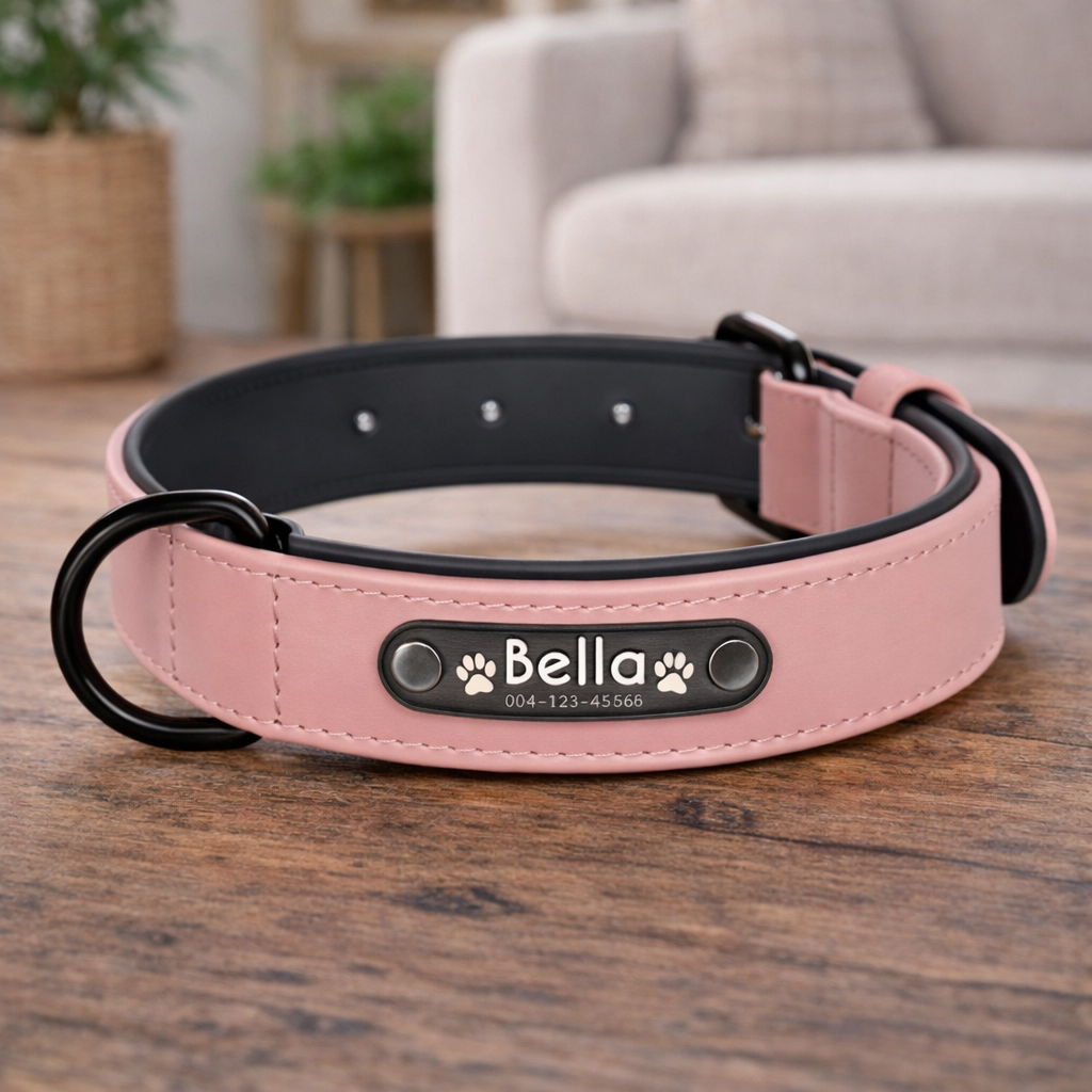 Personalized Dog Collar – Custom Name Dog Collar with ID Tag, Adjustable Leather Dog Collar, Stylish Pet Collar