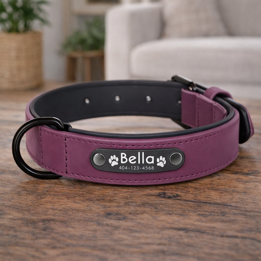 Personalized Dog Collar – Custom Name Dog Collar with ID Tag, Adjustable Leather Dog Collar, Stylish Pet Collar