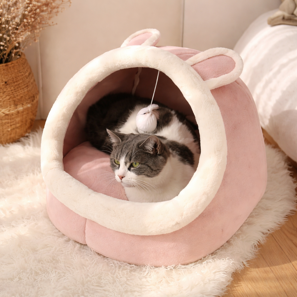 Cozy Cat Cave Bed - Soft Plush Animal Pet House for Cats & Small Dogs - Cute Kitten Nest