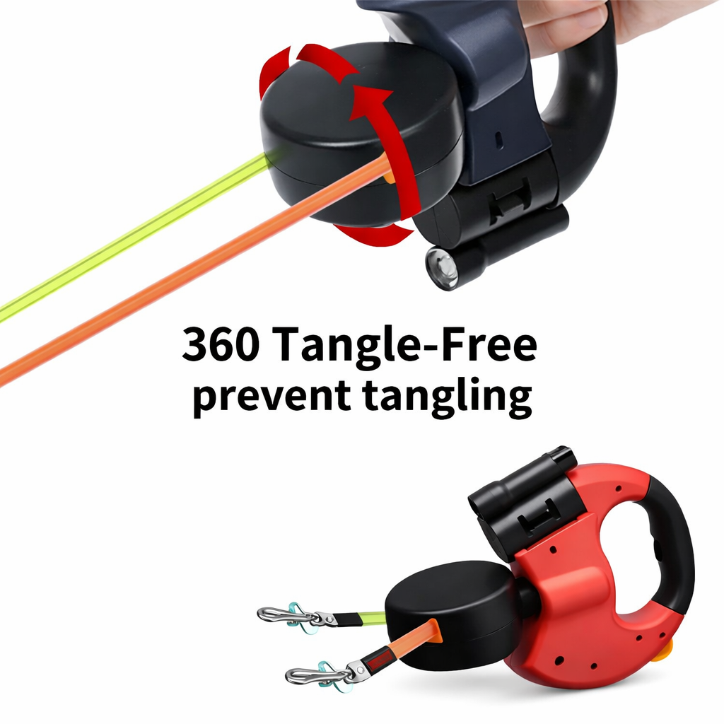 Dual Retractable Dog Leash with Light – Tangle-Free 360° Pet Leash with Waste Bag Holder