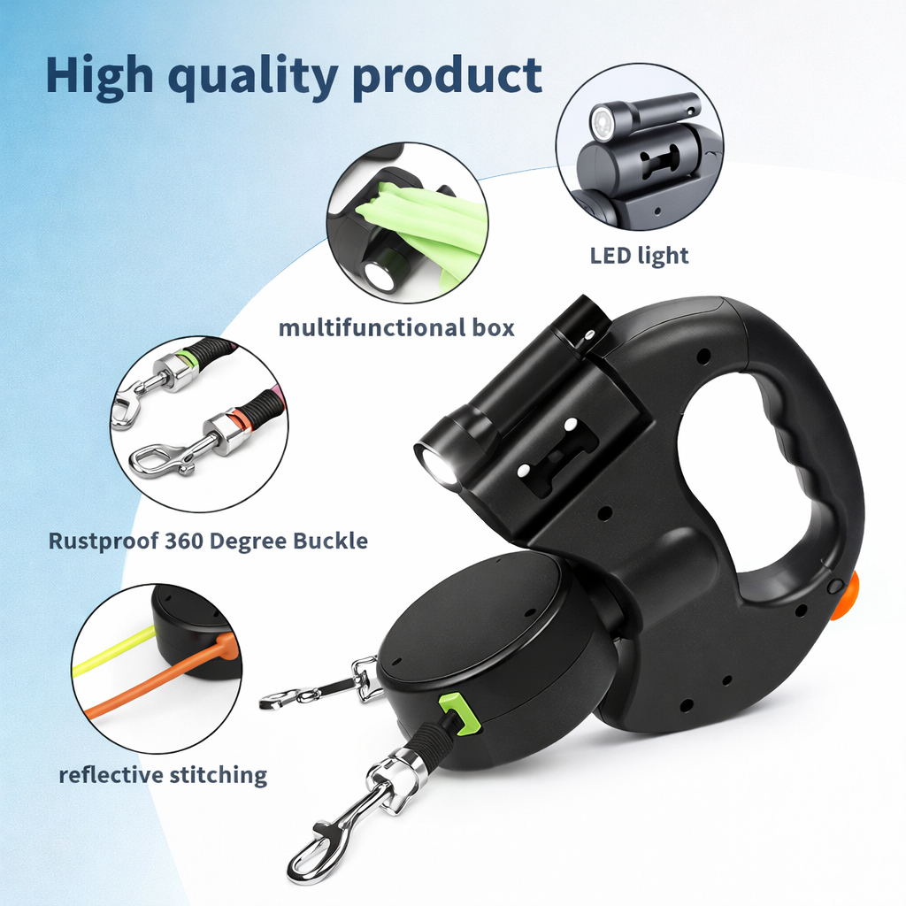 Dual Retractable Dog Leash with Light – Tangle-Free 360° Pet Leash with Waste Bag Holder