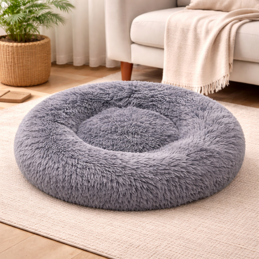 Donut Dog Bed for Small Dogs & Cats – Fluffy Calming Pet Bed, Soft Faux Fur Round Nest