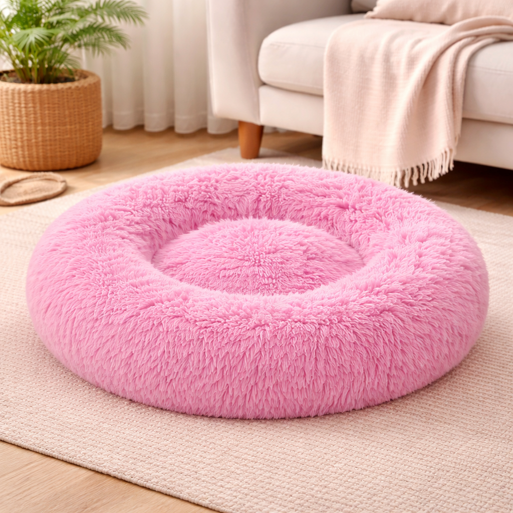 Donut Dog Bed for Small Dogs & Cats – Fluffy Calming Pet Bed, Soft Faux Fur Round Nest
