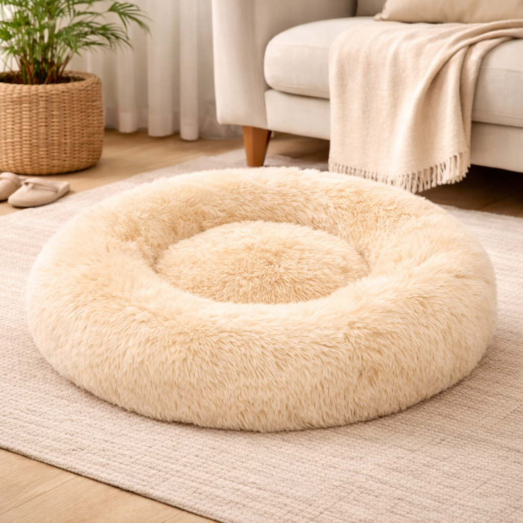Donut Dog Bed for Small Dogs & Cats – Fluffy Calming Pet Bed, Soft Faux Fur Round Nest